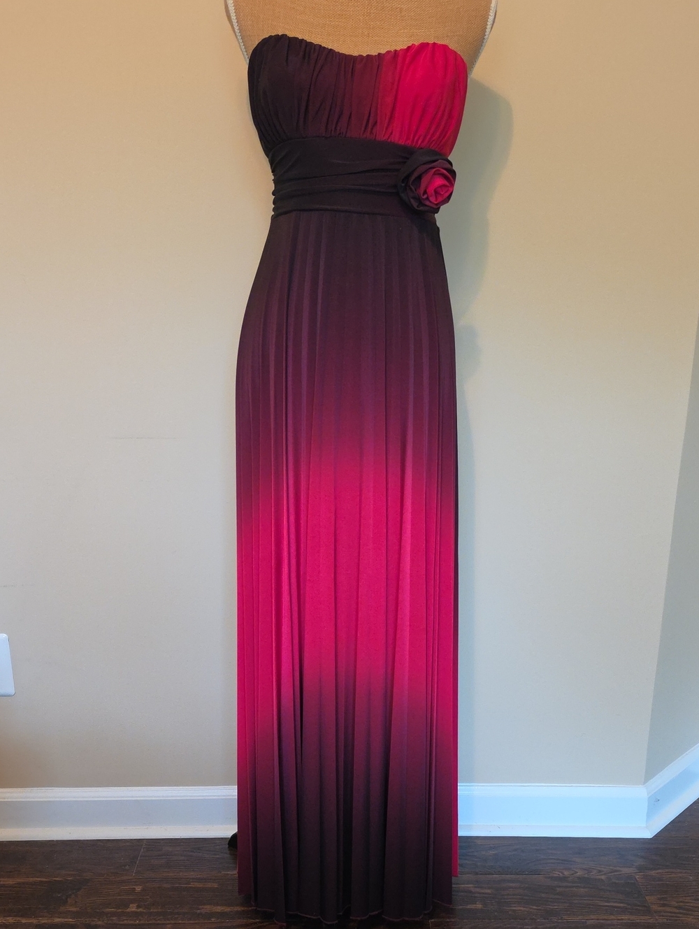 Speechless Strapless Ombre Fuchsia to Burgundy Maxi Dress with Rosette